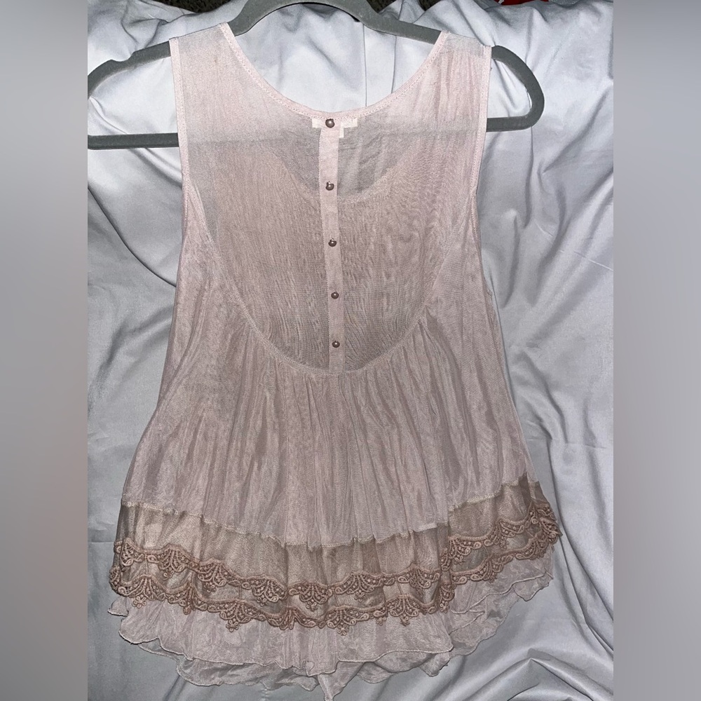 Ultra Pink Sleeveless Crochet Yoke Tank Top in Beige - Picture 4 of 7